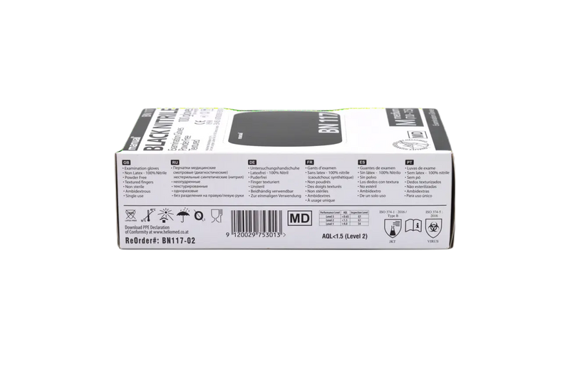 Verpackung mit schwarzen Untersuchungshandschuhen aus 100% Nitril, medizinisch, puderfrei, einweg