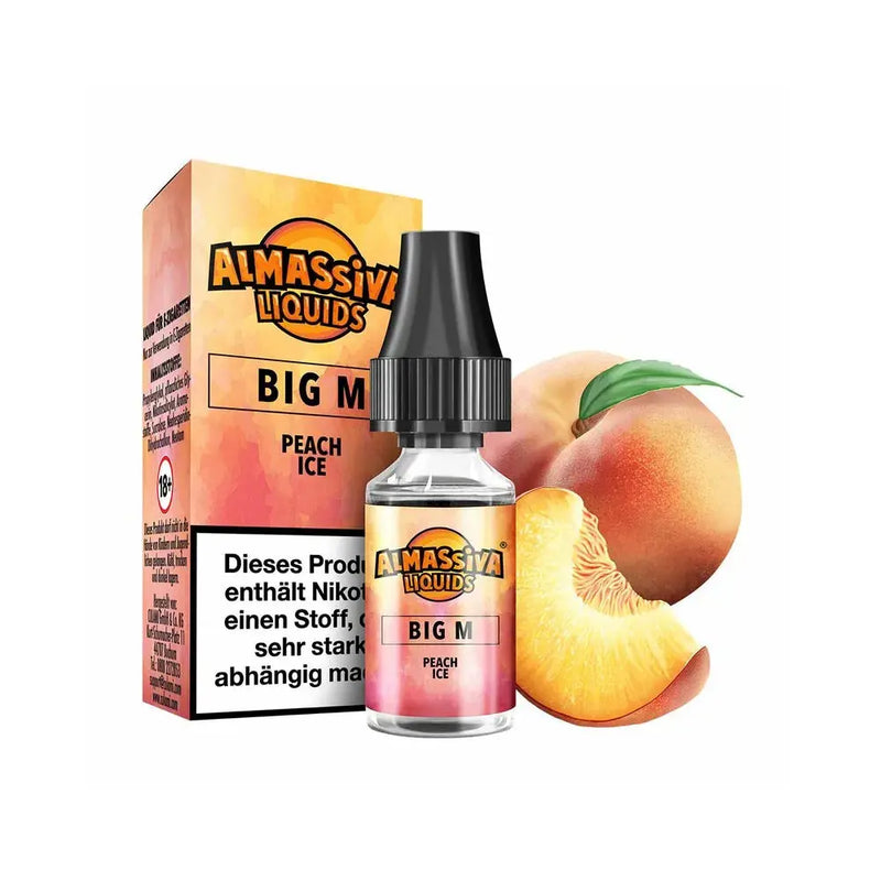 AlMassiva Liquids Big M Peach Ice E-Liquid Flasche mit Verpackung und frischer Pfirsichfrucht