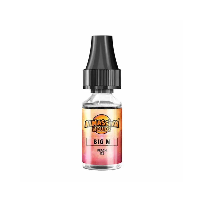 AlMassiva Liquids Big M Peach Ice E-Liquid Flasche mit schwarzem Tropfer und orange-pinkem Etikett