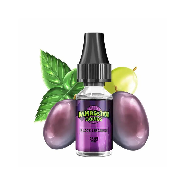 AlMassiva Liquids Black Lebanese Aroma mit Trauben und Minzblättern auf weißem Hintergrund