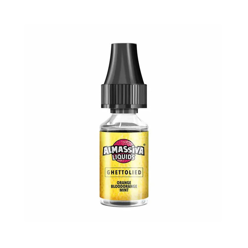 Flasche Almassiva Liquids Ghettolied E-Liquid mit Orange, Blutorange und Minze auf gelbem Label