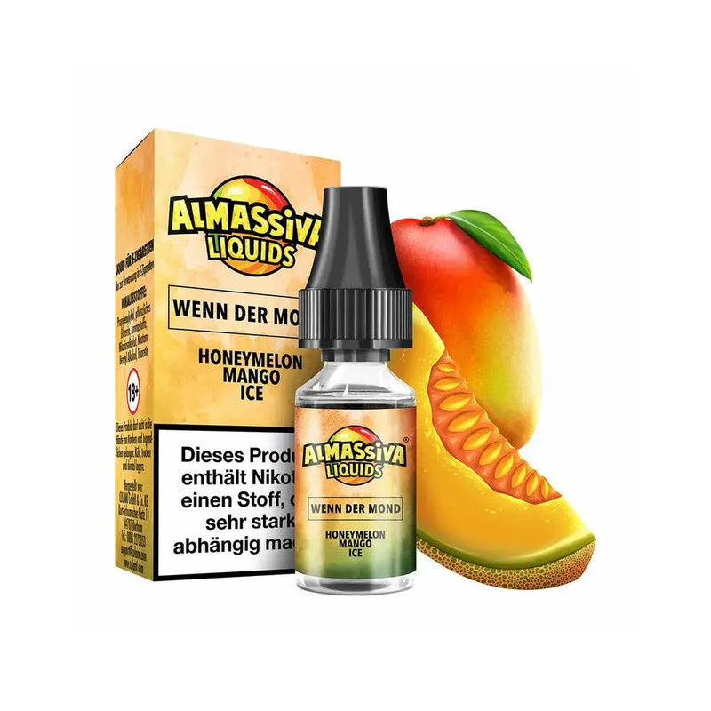 AlMassiva Liquids E-Liquid mit Honigmelone, Mango und Ice Geschmack neben Verpackung und Früchten