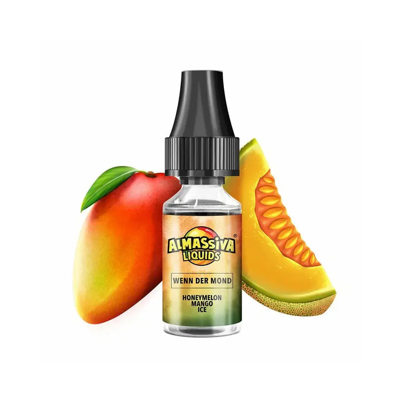Almassiva Liquids E-Liquid mit Honigmelonen- und Mangogeschmack vor weißem Hintergrund