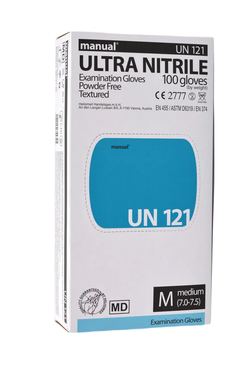 Packung mit 100 blauen Ultra Nitril Untersuchungshandschuhen, puderfrei, Größe Medium