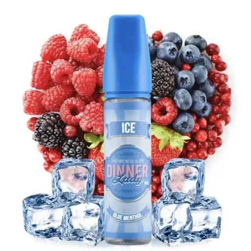 Dinner Lady Blue Menthol E-Liquid Flasche mit Beerenmischung und Eiswürfeln