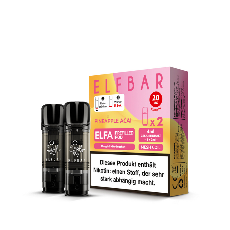 ELFBAR Pineapple Acai Nachfüllpods 20mg Nikotin, 2er Pack mit 4ml E-Liquid, Mesh Coil