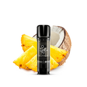 Schwarzes Elfbar Pod mit Ananasstücken und halbierter Kokosnuss im Hintergrund