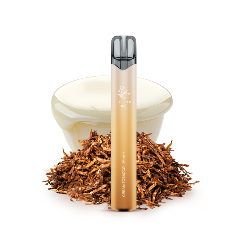 ELFBAR 800 Einweg E-Zigarette in Cream Tobacco Geschmack vor Tabakblättern und cremiger Flüssigkeit