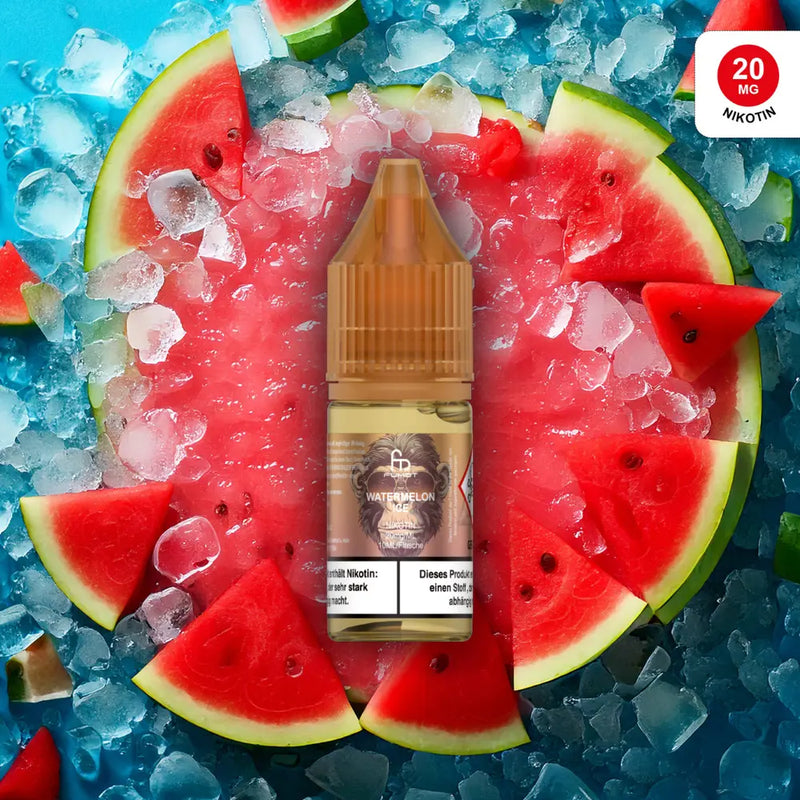 Wassermelonen-E-Liquid Flasche auf Eis mit frischen Wassermelonenstücken, 20 mg Nikotin