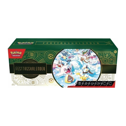 Pokémon Sammelkarten Festtagskalender mit winterlichem Pokémon-Motiv und grün-goldenem Design