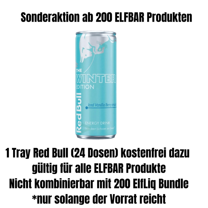 1 Tray Red Bull (24 Dosen umsonst) Ab 200 Pods oder 100 Pods und 100 andere ELFBAR einheiten