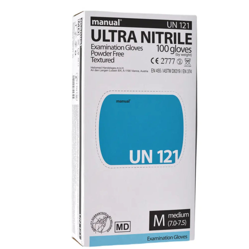 Verpackung von Ultra Nitril Einmalhandschuhen UN 121, puderfrei, strukturiert, Größe M, 100 Stück