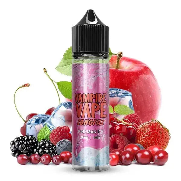 Vampire Vape Pinkman Ice Liquidflasche vor frischen Beeren, Apfel und Eiswürfeln