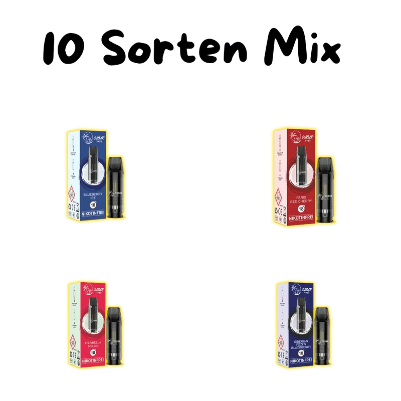 CUBAR VYBE nikotinfreie Prefilled Pods 10 Sorten Mix mit Blueberry Ice, Paris Red Cherry, Marbella Melon und Siberian Frozen Blackberry