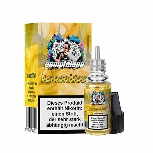 Dampfdidas Bananidas Nikotinsalz 10ml E-Liquid mit Warnhinweis und bunter Verpackung