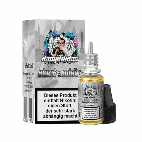 Dampfdidas Black & White Nikotinsalz 10ml Flasche mit Warnhinweis auf weißem Hintergrund