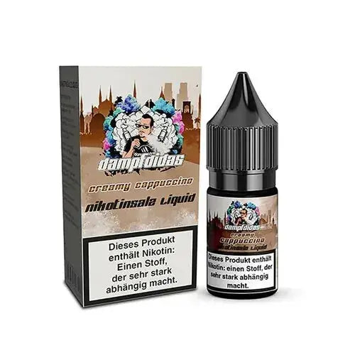 Dampfdidas Creamy Cappuccino Nikotinsalz Liquid 10ml Flasche und Verpackung mit Warnhinweis