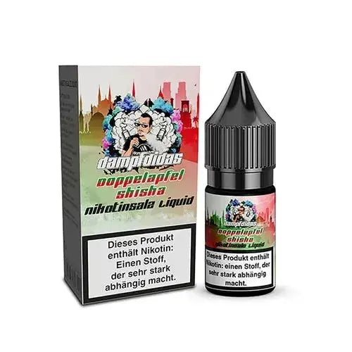 Dampfdidas Doppelapfel Shisha Nikotinsalz Liquid 10ml mit Warnhinweis und Verpackung