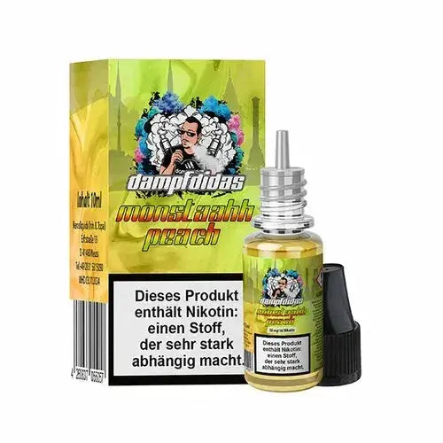 Dampfdidas Monstaahh Peach Nikotinsalz 10ml E-Liquid mit Warnhinweis und gelber Verpackung