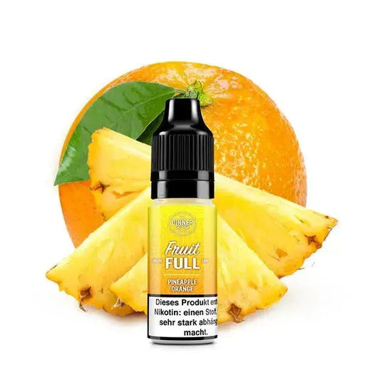 Dinner Lady Fruit Full Nikotinsalz E-Liquid mit Ananas und Orange vor frischen Fruchtstücken