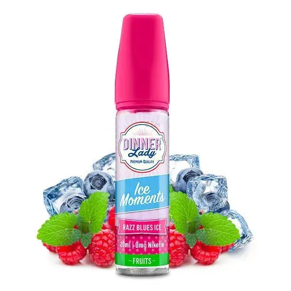 Dinner Lady Ice Moments Razz Blues Ice Liquid mit Himbeeren, Minzblättern und Eiswürfeln
