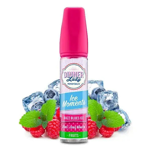 Dinner Lady Ice Moments Razz Blues Ice Liquid mit Himbeeren, Minzblättern und Eiswürfeln