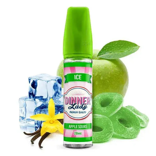 Dinner Lady Ice Apple Sours Liquidflasche mit grünem Apfel, grünen Bonbons, Vanilleschote und Eiswürfeln