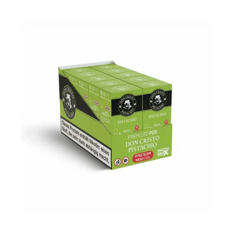 Verpackung Don Cristo Pistachio vorgefüllte Pods mit 20mg Nikotin, grüne Box mit Warnhinweis