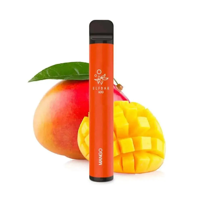Elf Bar 600 Mango Einweg-E-Zigarette vor frischer Mango und Mangostück