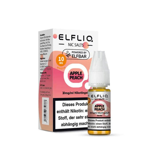 Elf Bar ELFLIQ Apple Peach Nikotinsalz Liquid 10 mg/ml mit Warnhinweis auf weißem Hintergrund