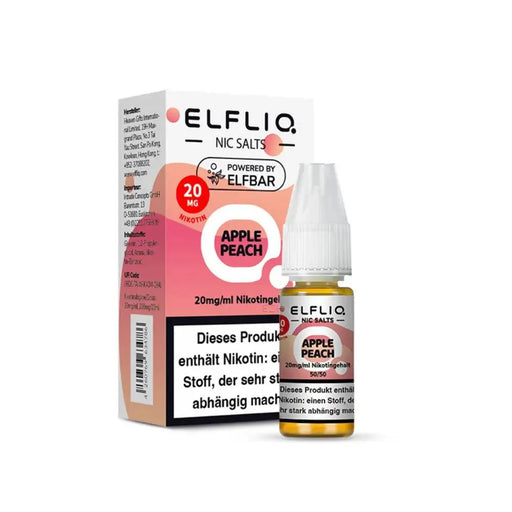 ELFLIQ Apple Peach Nikotinsalz Liquid 20mg/ml mit Warnhinweis, Verpackung und Flasche