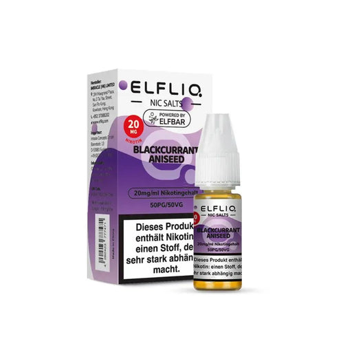 ELFLIQ Blackcurrant Aniseed Nikotinsalz Liquid 20mg 10ml Flasche und Verpackung