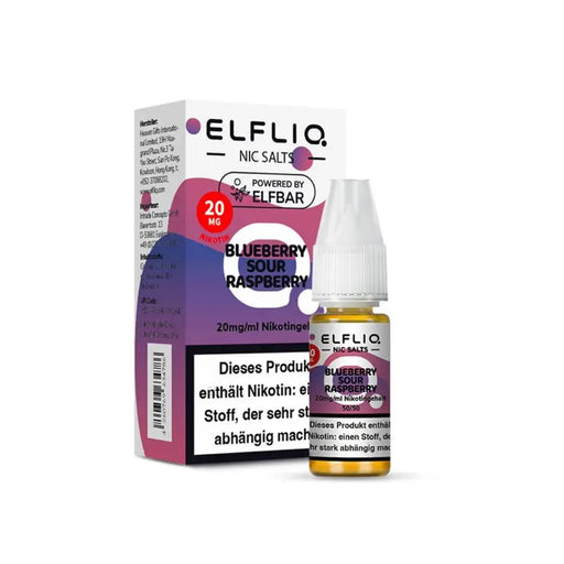 ELFLIQ Nikotinsalz Blueberry Sour Raspberry Liquid 20mg/ml mit Verpackung auf weißem Hintergrund
