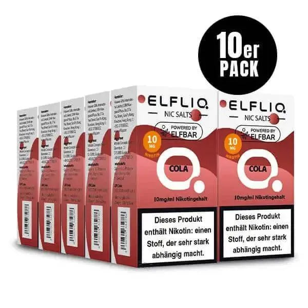 10er Pack ELFLIQ Cola Nikotinsalz Liquid 10 mg/ml von ELF BAR in roten Verpackungen