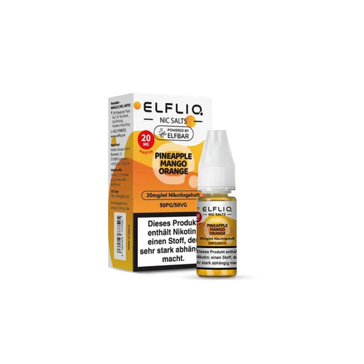 ELFLIQ Nikotinsalz Liquid 20mg mit Pineapple Mango Orange Geschmack und Warnhinweis