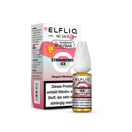 ELFLIQ Strawberry Ice Nikotinsalz Liquid 10 mg, Flasche und Verpackung, Nikotinwarnhinweis