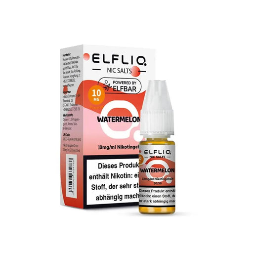 ELFLIQ Watermelon Nikotinsalz Liquid 10 mg/ml mit Warnhinweis und Packung