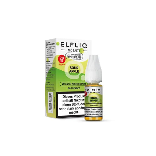 ELFLIQ Sour Apple Nikotinsalz Liquid 20 mg Verpackung und Flasche mit Warnhinweis