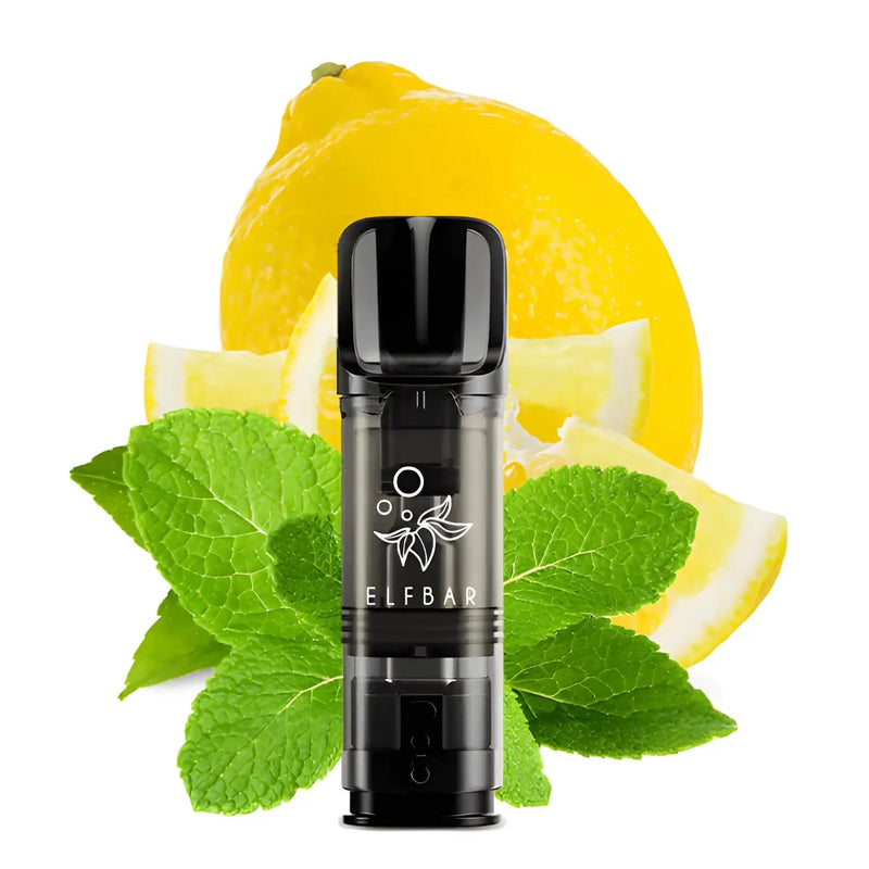 Elfbars Vape Pod mit Zitronen- und Minzblättern auf weißem Hintergrund