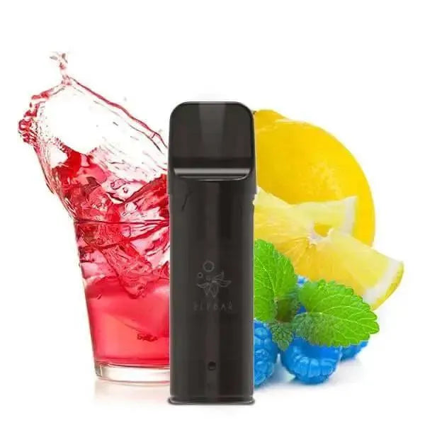 Elfa Pod Vape in Blue Razz Lemonade Geschmacksrichtung mit Blaubeeren, Zitrone und Getränk im Hintergrund