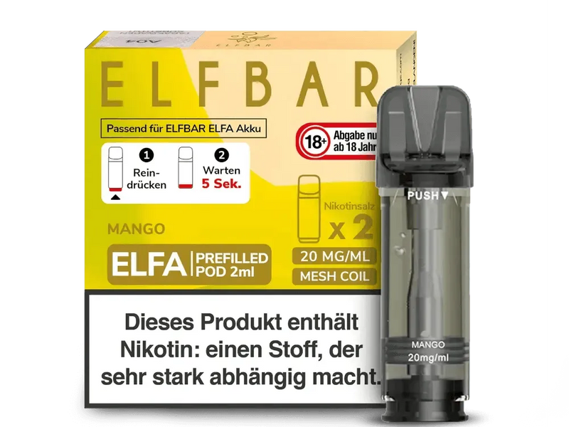ELFBAR Mango ELFA 20mg/ml Nikotinsalz Prefilled Pod 2ml mit Mesh Coil und Warnhinweis