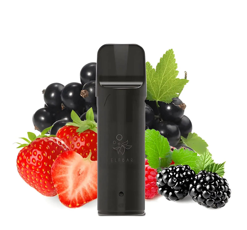 Schwarzes Elfbars Pod mit Mix-Berry-Geschmack vor Erdbeeren, Himbeeren, Brombeeren und schwarzen Johannisbeeren
