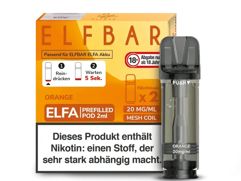 ELFBAR ELFA Orange 20mg/ml vorbefüllter Pod 2ml mit Mesh Coil und Nikotinhinweis in deutscher Sprache