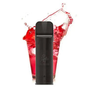 Schwarzes Elfa Pod Gerät vor Glas mit spritzigem pinkem Getränk, Vape Liquid Pink Lemonade