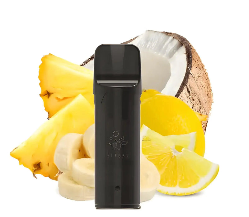 Schwarzer Elfa Vape Pod vor frischen tropischen Früchten: Ananas, Banane, Zitrone und Kokosnuss