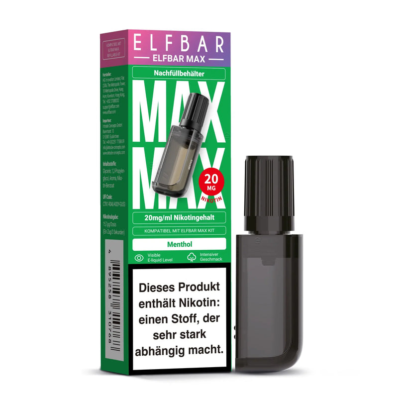 Elfbar Max Nachfüllbehälter Menthol mit 20mg Nikotin, grüne Verpackung und Warnhinweis