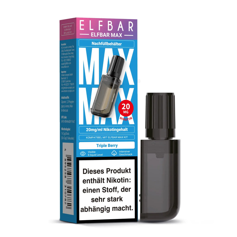 Elfbar Max Nachfüllbehälter Triple Berry mit 20mg Nikotin, blau-lila Verpackung mit Warnhinweis