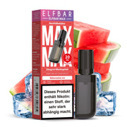 Elfbar Max Nachfüllbehälter Watermelon Ice mit 20mg Nikotin, Wassermelone und Eiswürfel im Hintergrund