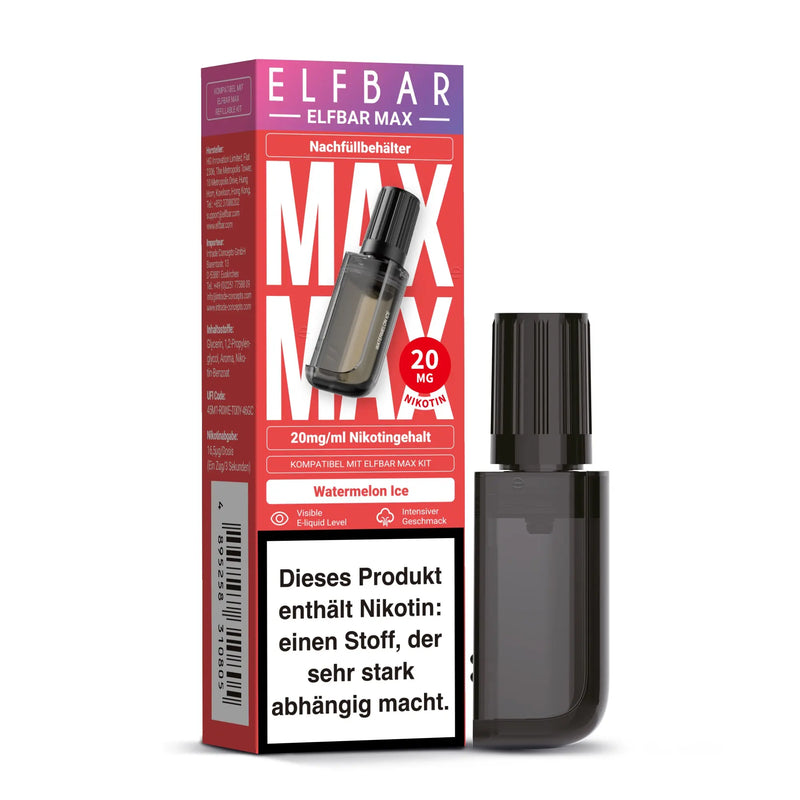 Elfbar Max Nachfüllbehälter Watermelon Ice mit 20 mg Nikotin, rotes Verpackungsdesign
