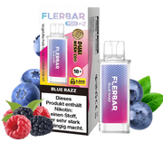 Flerbar Blue Razz Pod Verpackung und einzelner Pod mit Blaubeeren und Beerenfrüchten, Dual Mesh Coil, 20mg Nikotin